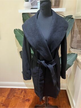 Ann Taylor Wool Blend Shawl Collar Black Wrap Coat w/ Waist Tie XXSmall